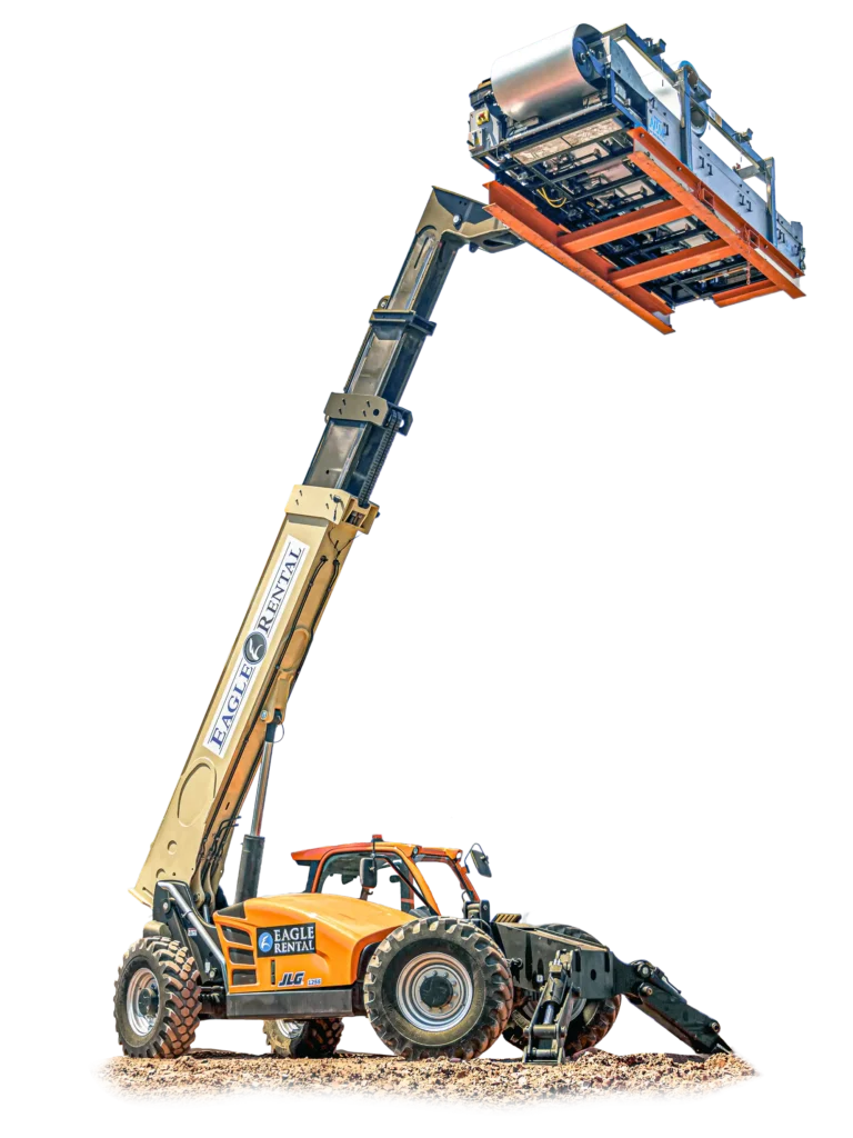 An orange and tan telescopic boom lift with extended arm carrying a work platform, displayed against a white background.